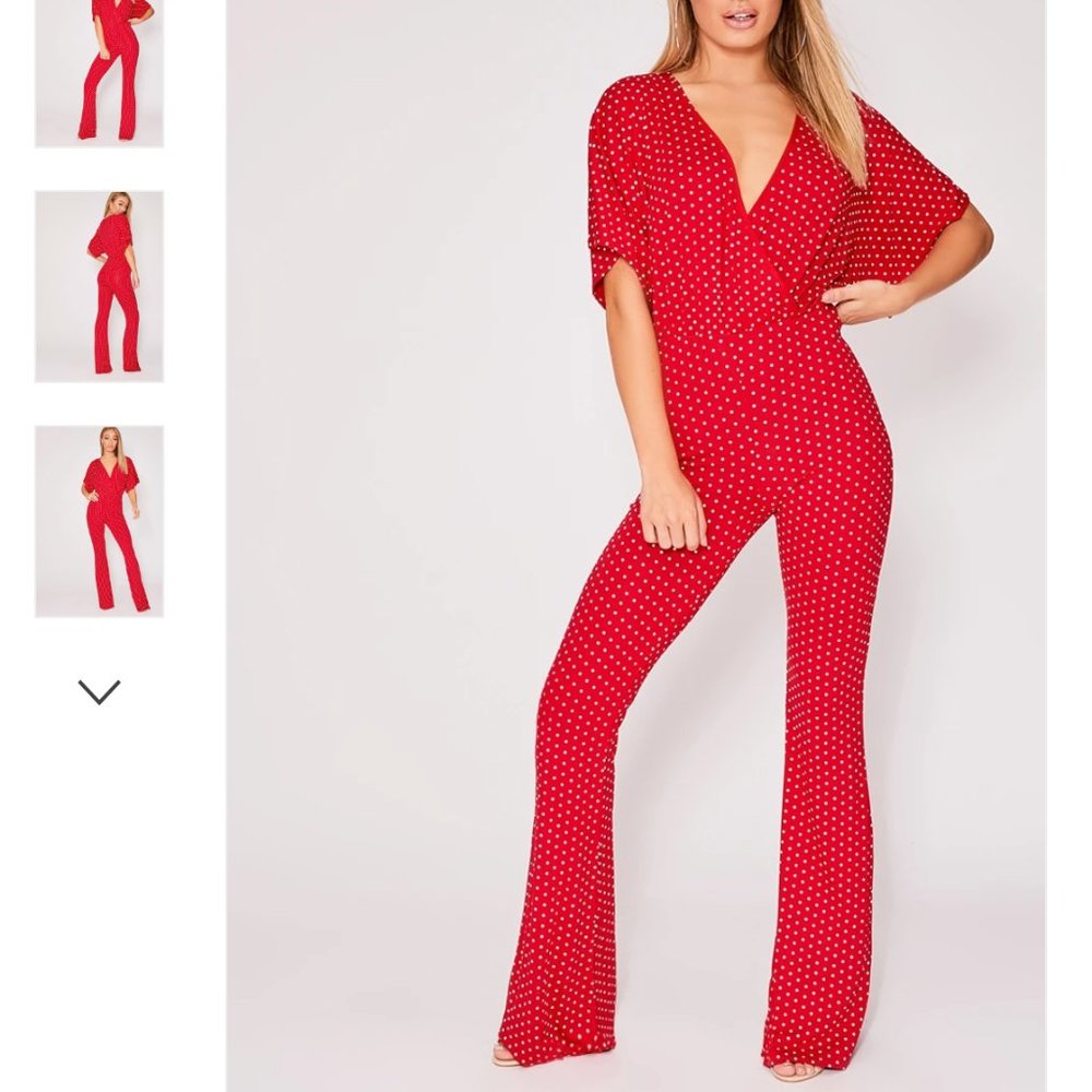 In The Style - FRITZY RED POLKA DOT WRAP OVER JUMPSUIT